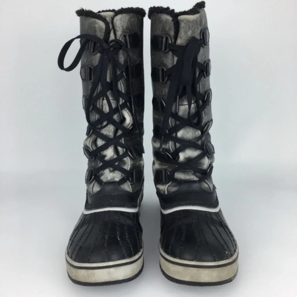 Sorel Tivoli Winter Snow Waterproof Boots Lace Up Distressed Grey Black Size 9.5